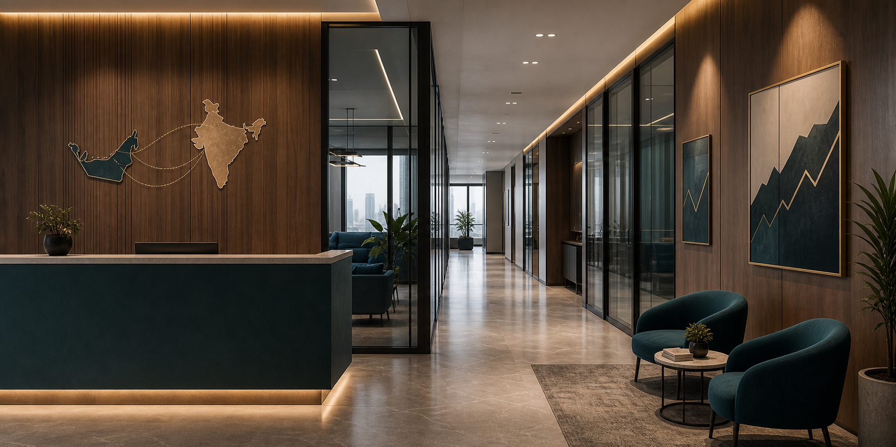 Refined advisory office corridor with India-UAE wall art and private consultation rooms