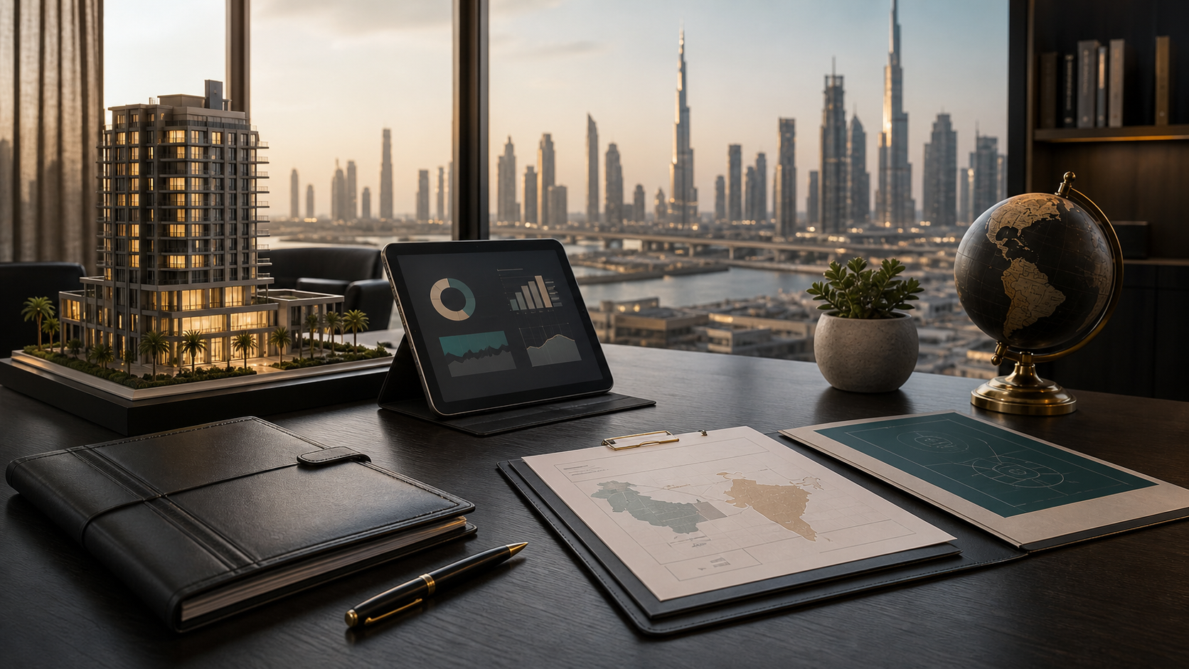 Dubai real estate investment desk with skyline, property model, and portfolio documents