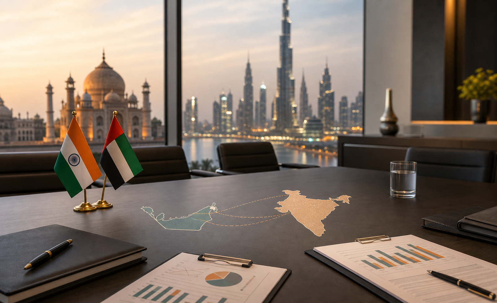 India and UAE advisory table with flags, skyline, and connected market maps
