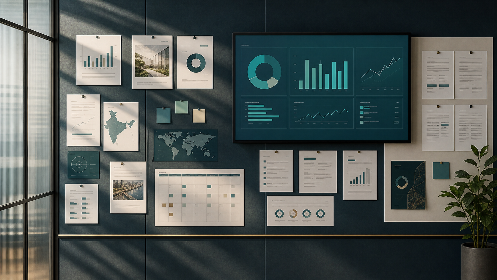 Editorial briefing wall with finance insight layouts, market maps, and abstract data visuals