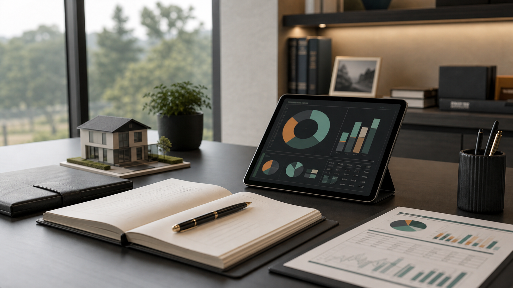 A private wealth planning desk with portfolio charts, investment notes, and real estate planning materials
